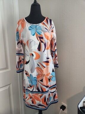 Jean Pierre White Shift Dress with Orange and Blue Floral Print